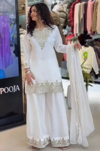 White silk blend embroidered palazzo set