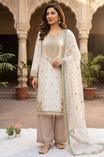 White silk blend embroidered palazzo set