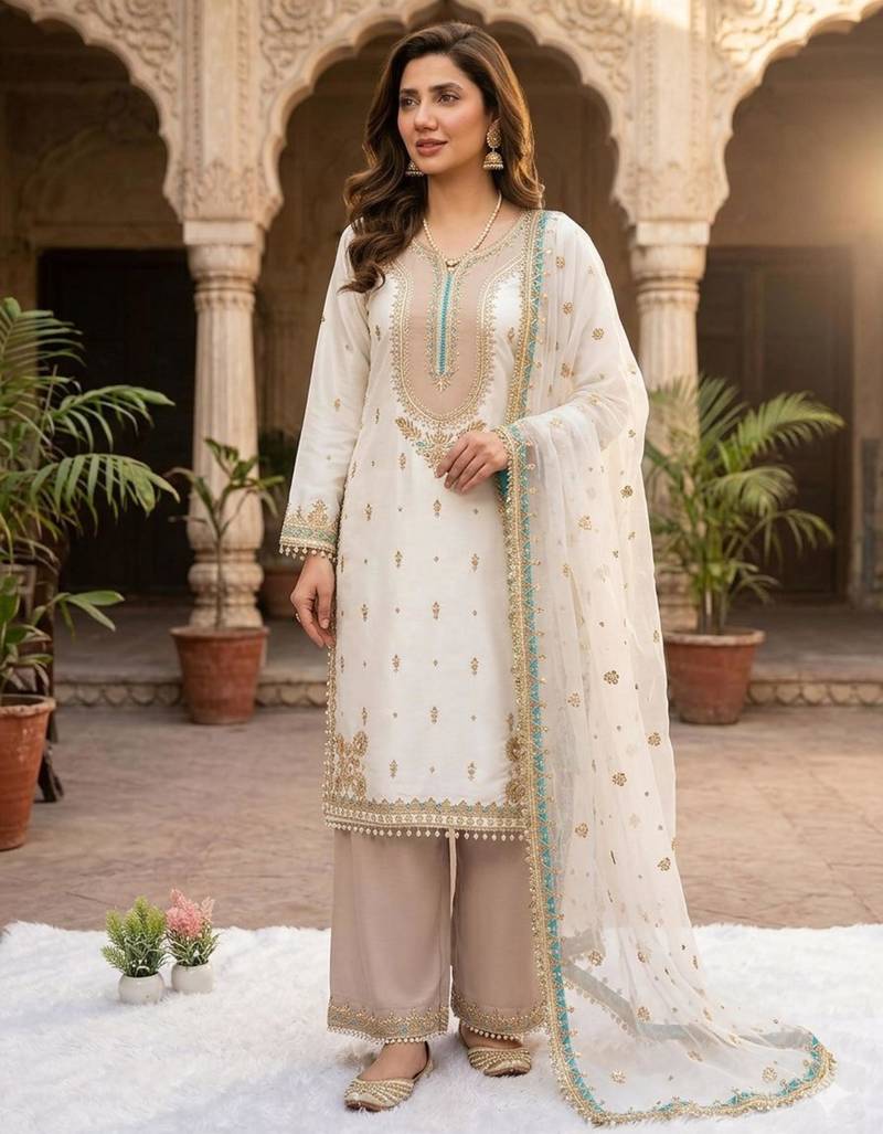 White silk blend embroidered palazzo set