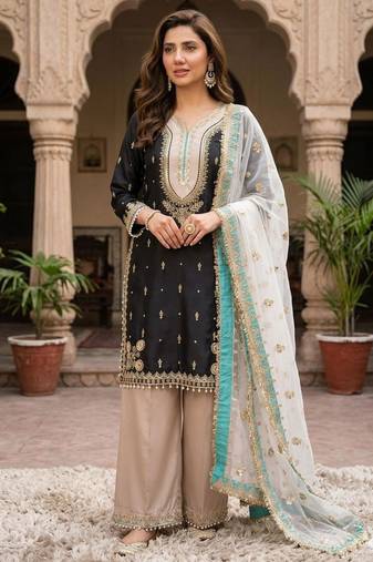 Black silk blend embroidered palazzo set