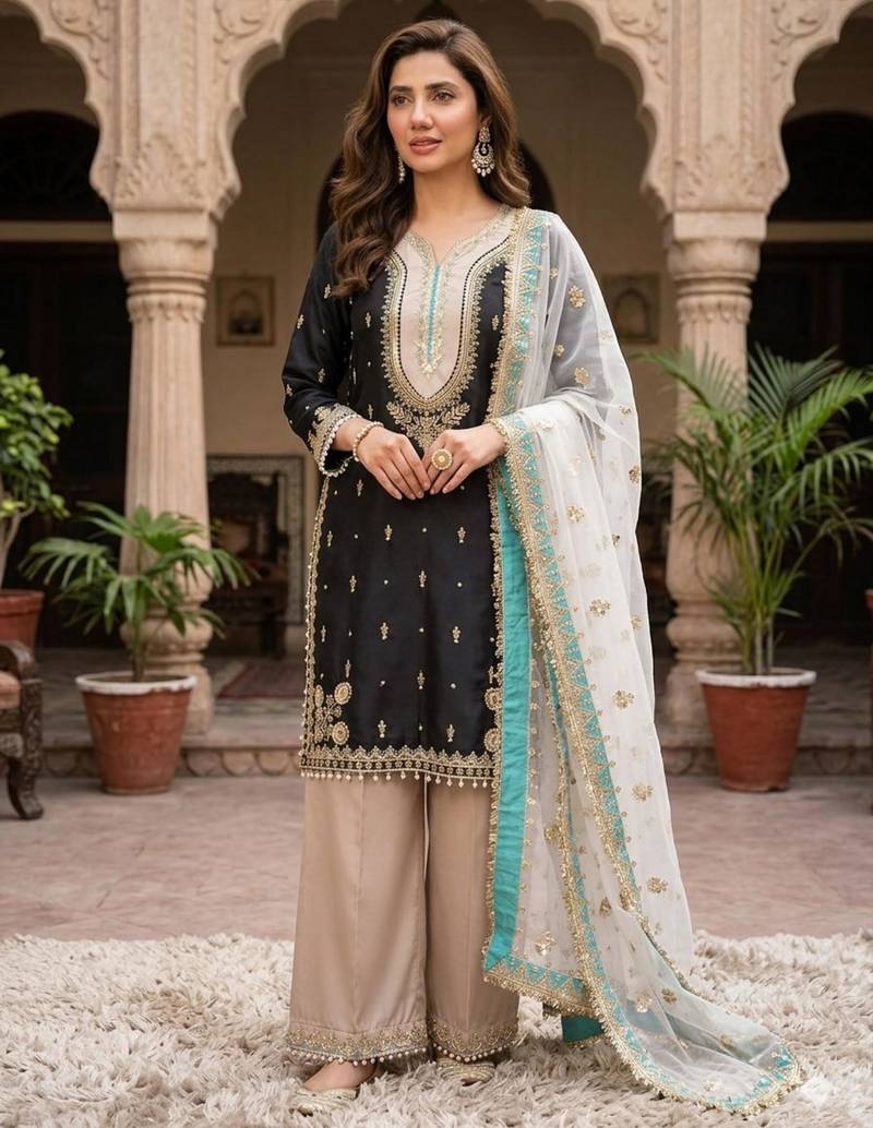 Black silk blend embroidered palazzo set