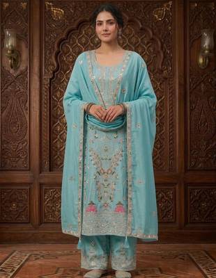 Sky blue silk blend embroidered palazzo set 1