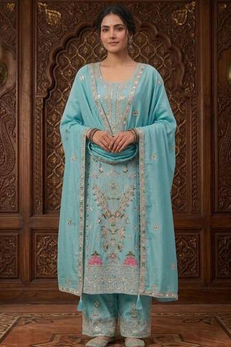 Sky blue silk blend embroidered palazzo set