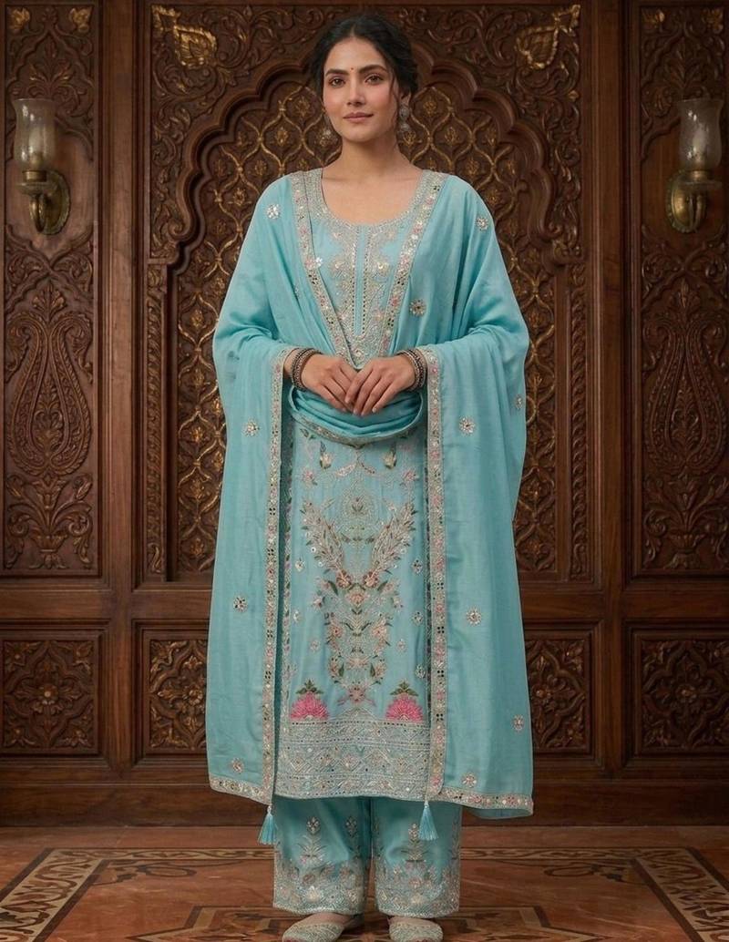 Sky blue silk blend embroidered palazzo set