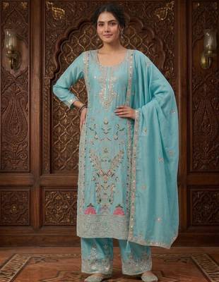 Sky blue silk blend embroidered palazzo set 2