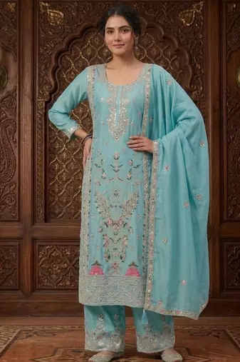 Sky blue silk blend embroidered palazzo set