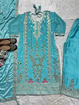 Sky blue silk blend embroidered palazzo set 3