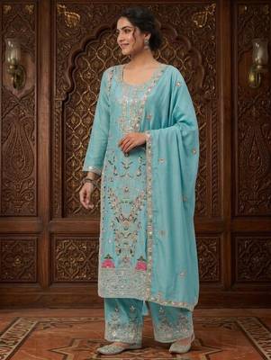 Sky blue silk blend embroidered palazzo set 4