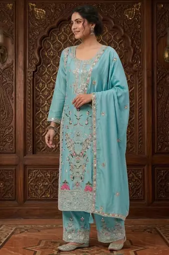 Sky blue silk blend embroidered palazzo set