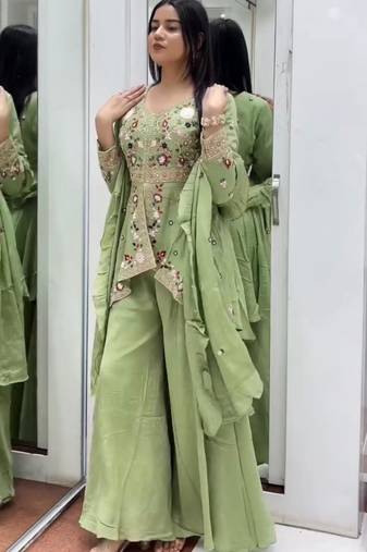 Green silk blend embroidered sharara set