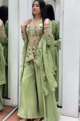 Green silk blend embroidered sharara set