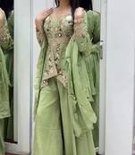 Green silk blend embroidered sharara set