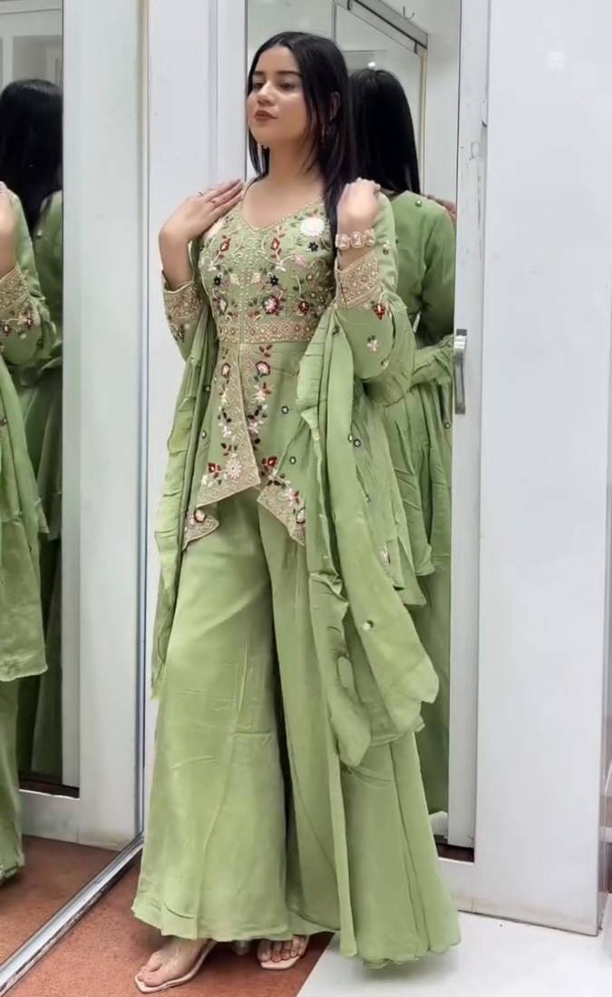 Green silk blend embroidered sharara set