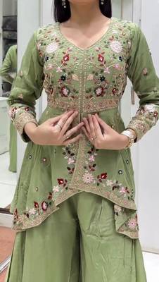 Green silk blend embroidered sharara set 3