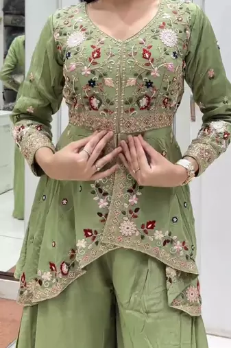 Green silk blend embroidered sharara set