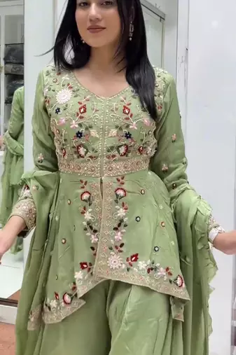 Green silk blend embroidered sharara set