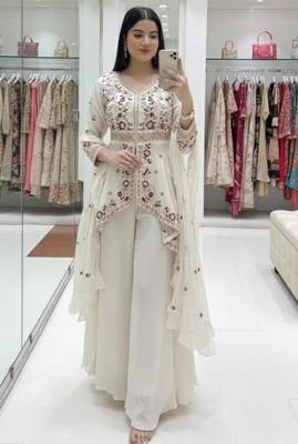 White silk blend embroidered sharara set 1