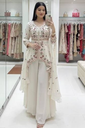 White silk blend embroidered sharara set