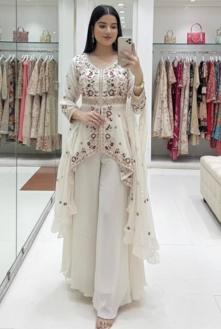 White silk blend embroidered sharara set