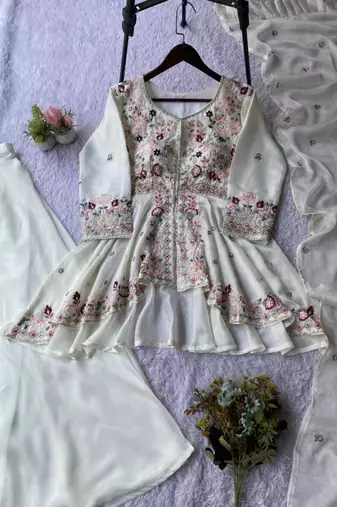 White silk blend embroidered sharara set