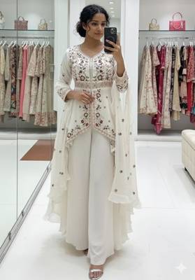 White silk blend embroidered sharara set 3