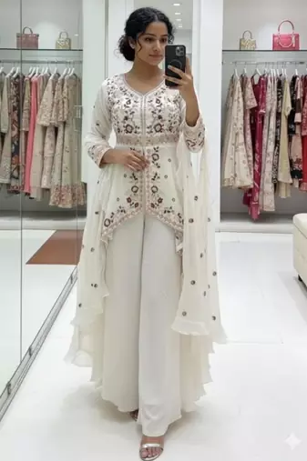 White silk blend embroidered sharara set