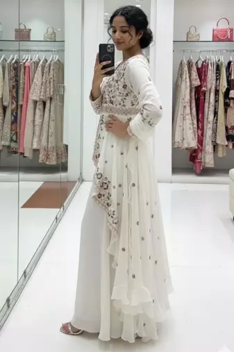 White silk blend embroidered sharara set