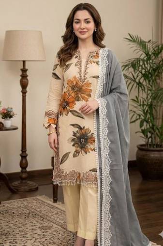 Beige silk blend embroidered palazzo set