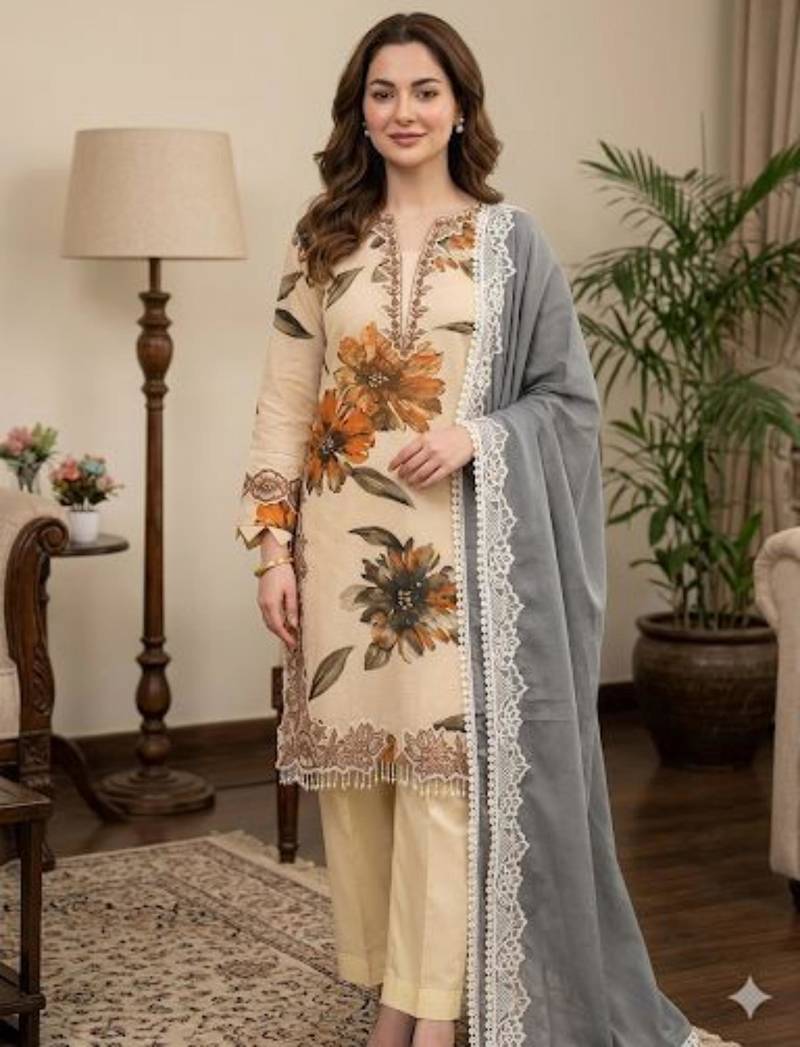 Beige silk blend embroidered palazzo set