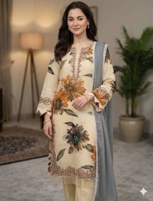 Beige silk blend embroidered palazzo set 2