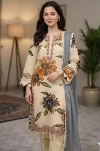 Beige silk blend embroidered palazzo set