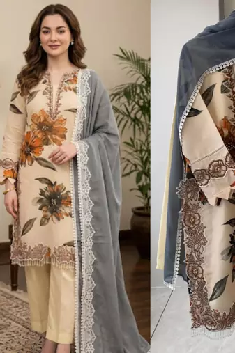 Beige silk blend embroidered palazzo set