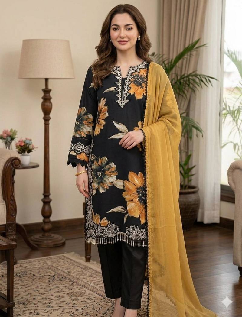 Black silk blend embroidered palazzo set