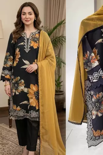 Black silk blend embroidered palazzo set