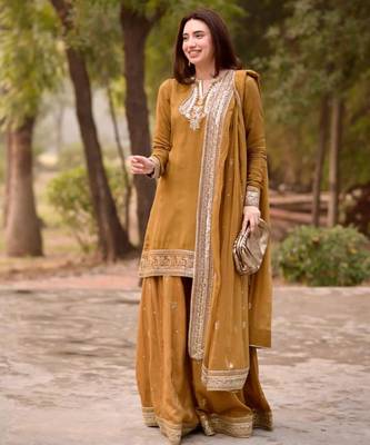 Mustard chanderi thread palazzo set 1