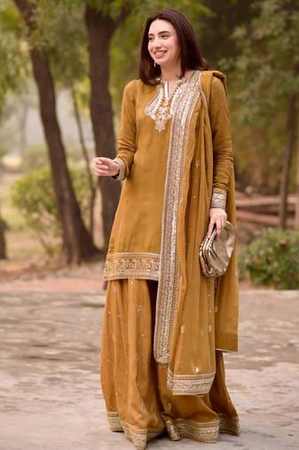 Mustard chanderi thread palazzo set