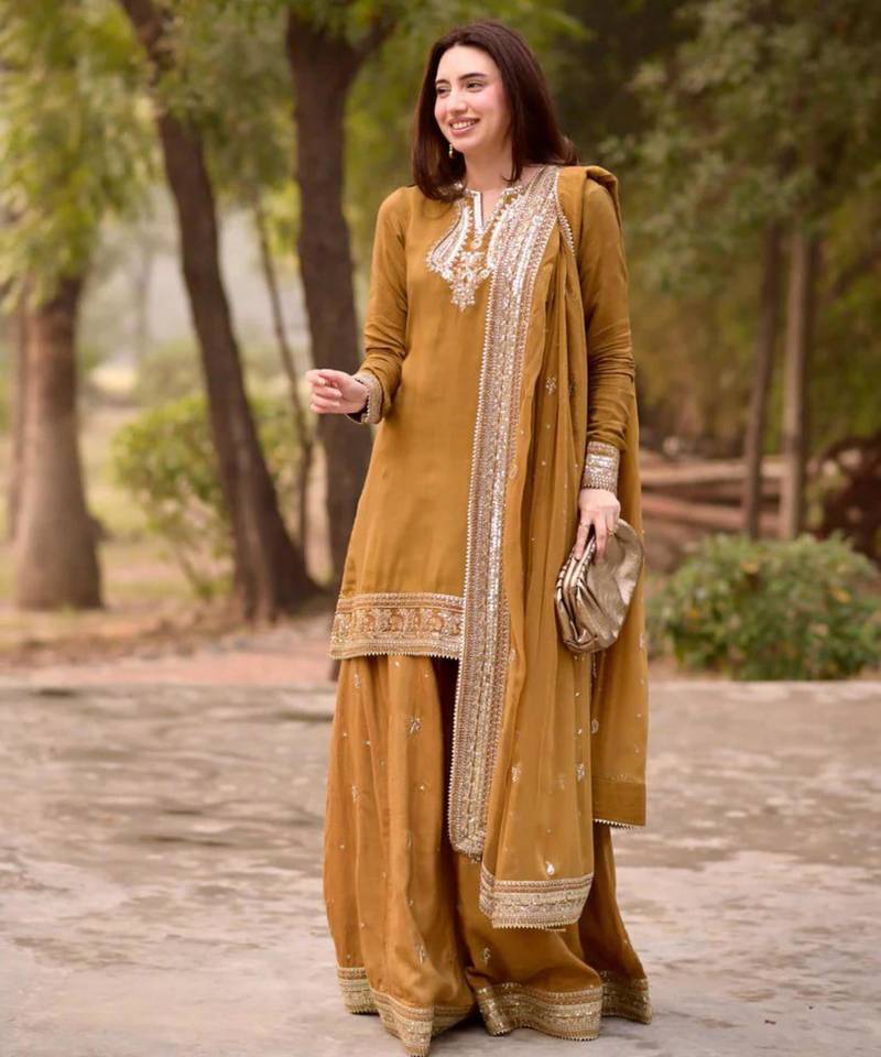 Mustard chanderi thread palazzo set