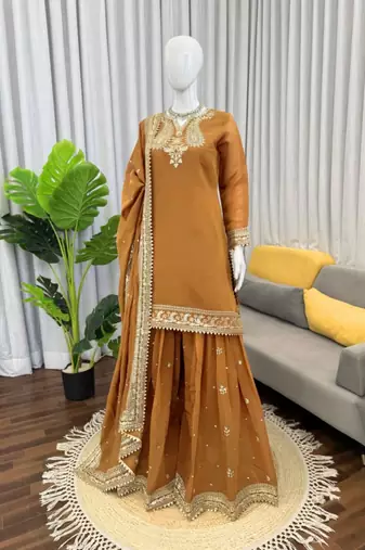 Mustard chanderi thread palazzo set