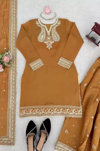 Mustard chanderi thread palazzo set