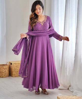 Purple faux georgette embroidered gown set 2