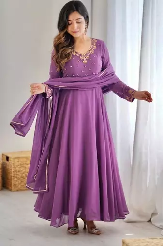 Purple faux georgette embroidered gown set