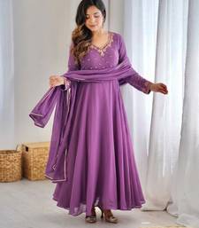 Purple faux georgette embroidered gown set