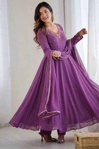 Purple faux georgette embroidered gown set