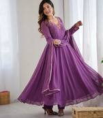 Purple faux georgette embroidered gown set