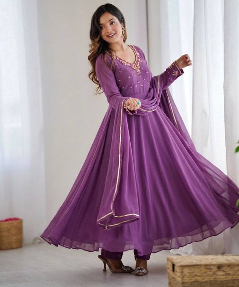 Purple faux georgette embroidered gown set