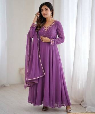 Purple faux georgette embroidered gown set 3
