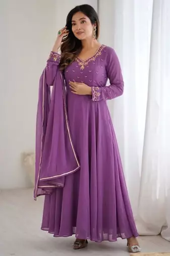Purple faux georgette embroidered gown set