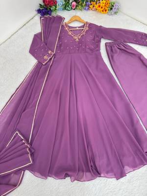 Purple faux georgette embroidered gown set 4