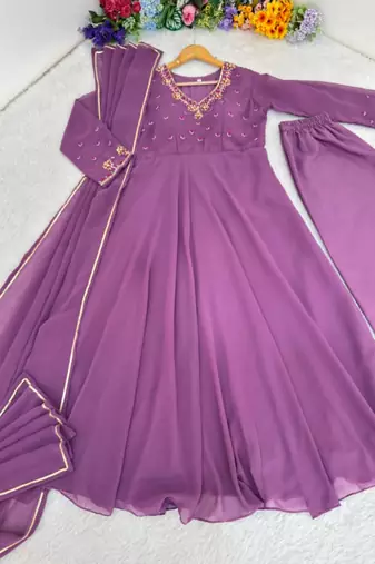 Purple faux georgette embroidered gown set