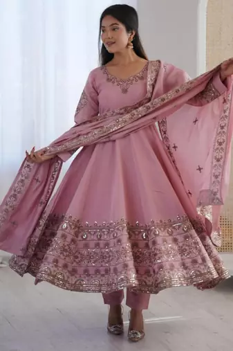 Pink silk blend embroidered gown set